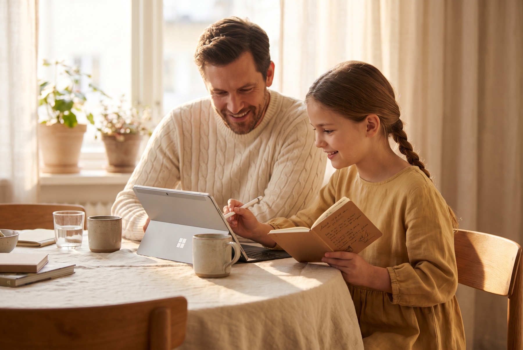 A father and daughter researching a company together