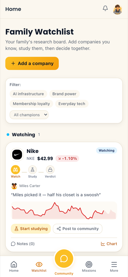 The family watchlist — real companies, live prices, your family's own research